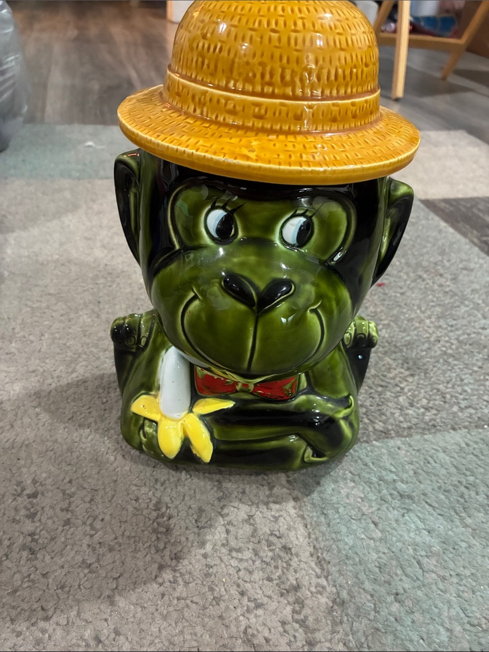 Vintage Green Ceramic Monkey Cookie Jar with Yellow Hat Please see all photos